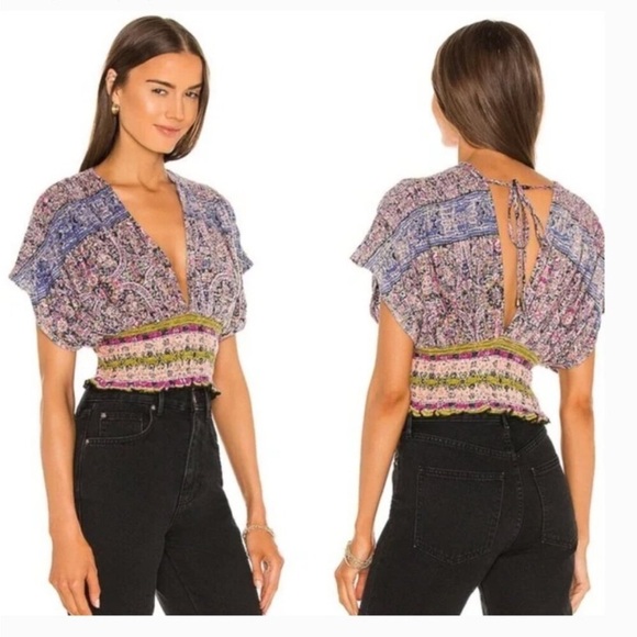 Free People Purple Next Vacation Smocked Cropped Boho Top Size XS - Picture 1 of 7